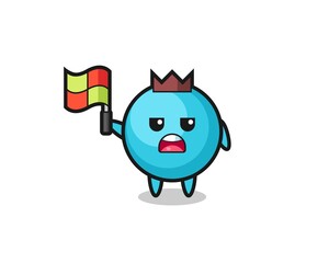 blueberry character as line judge putting the flag up