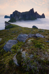 View at the Mountain Hesten, Senja, Norway. Dramatic summer arctic landscape.
