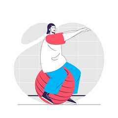 Fitness web concept. Woman exercising on ball, doing pilates. Sport exercising at gym people scene. Flat characters design for website. Vector illustration for social media promotional materials