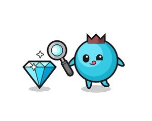 blueberry mascot is checking the authenticity of a diamond