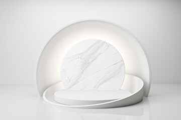 white marble stage podium display, abstract minimal concept, blank space and luxury mockup