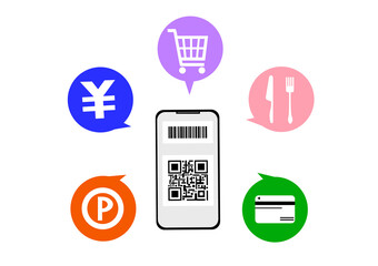 キャッシュレス決済（スマホQRコード決済）で様々な支払いができるイラスト