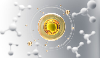 Cosmetic Essence oil Liquid drop with molecule on a white background - obrazy, fototapety, plakaty