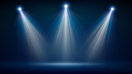 Spotlight backdrop. Illuminated blue stage. Background for displaying products. Bright beams of spotlights, shimmering glittering particles, a spot of light. Vector illustration