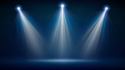 Fotobehang Spotlight backdrop. Illuminated blue stage. Background for displaying products. Bright beams of spotlights, shimmering glittering particles, a spot of light. Vector illustration © valerybrozhinsky