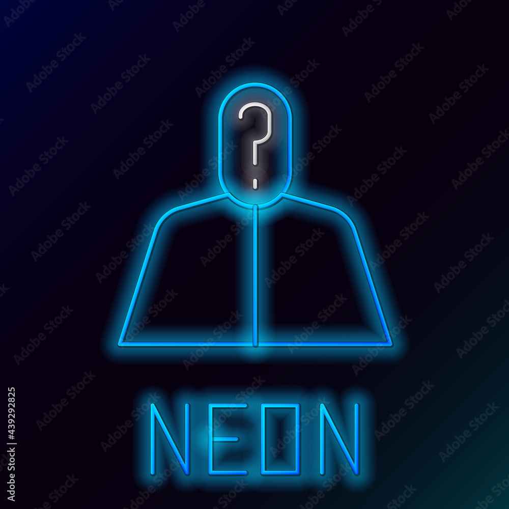 Poster glowing neon line anonymous man with question mark icon isolated on black background. unknown user, 