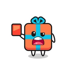 gift box cute mascot as referee giving a red card