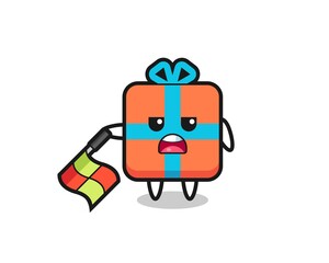 Fototapeta premium gift box character as line judge hold the flag down at a 45 degree angle