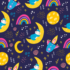 Naklejka premium Seamless pattern with a small hippopotamus. Vector illustration with a hippo sleeping on the moon. A pattern for the design of a children's room. Flat doodle style. Rainbow 