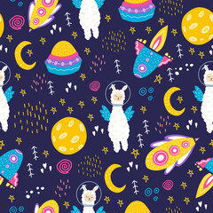 Seamless pattern with lama and wings, moon, stars, space,spaceships. Cute llama in a space suit in space. A pattern with animals for decorating clothes,fabrics, and children's rooms. Flat doodle style