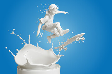 Splash of milk in form of Boy's body playing skateboard over milk glass, Young skater player,...