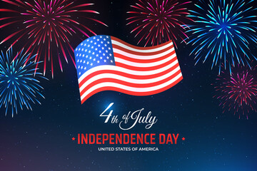 Banner 4th of july usa independence day, template with american flag on starry sky background and colorful fireworks. Fourth of july, USA national holiday. Vector illustration, poster