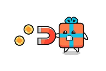 the character of gift box hold a magnet to catch the gold coins