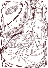 vector illustration fish sketch,bowl of rice,glass bottle with oil,onion,lemon,natural products