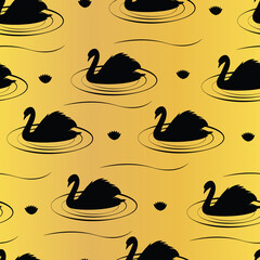 Swan silhouette on golden background seamless pattern
