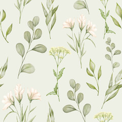 Seamless pattern with watercolor wildflowers and plants