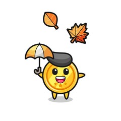 cartoon of the cute medal holding an umbrella in autumn