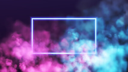 Abstract rectangle neon frame on pink and blue smoke background. Vector glowing light lines. Dark neon background. Vector illustration