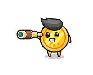 cute medal character is holding an old telescope