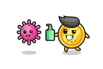 illustration of medal character chasing evil virus with hand sanitizer