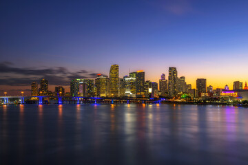 Sunset above Downtown Miami Skyline and Biscayne Bay