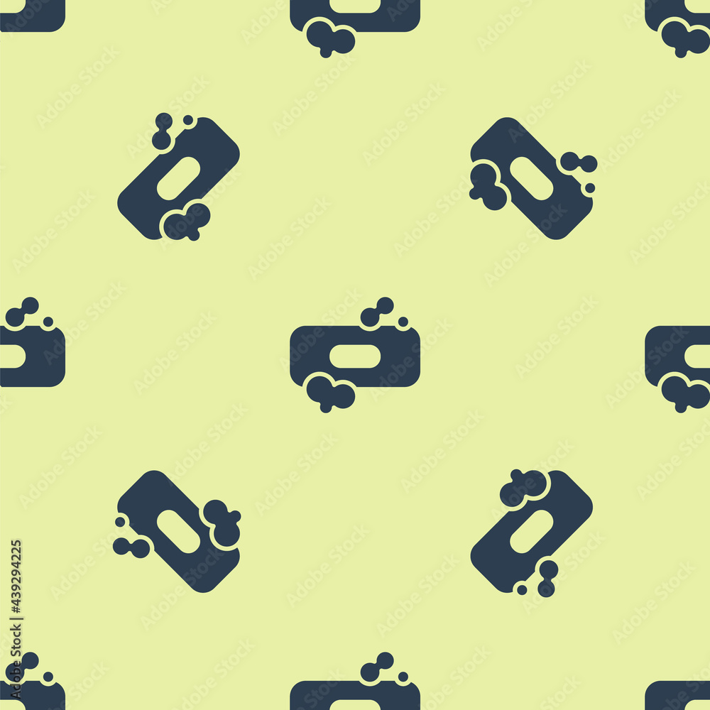 Poster blue bar of soap icon isolated seamless pattern on yellow background. soap bar with bubbles. vector 