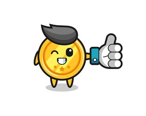 cute medal with social media thumbs up symbol