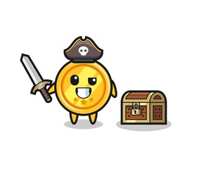 the medal pirate character holding sword beside a treasure box