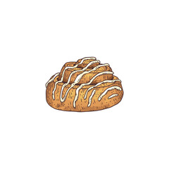Cinnamon roll bun with icing, engraving hand drawn vector illustration isolated.