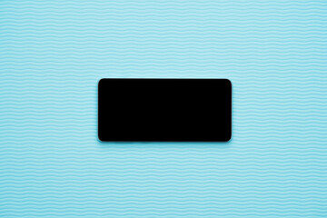 Horizontal blank phone on blue wave background. Healthcare and vacation applications