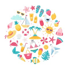 Summer set with cute beach elements bikini, flip flops, fruits, flowers, palm trees. Hand drawn flat cartoon elements. Vector illustration