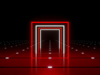3D rendering. Geometric  neon frame. Square light.