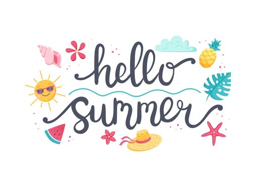 Summer lettering and cute beach elements sun, flowers, seashell, fruits. Hand drawn flat cartoon elements. Vector illustration