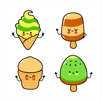 Funny cute happy Ice cream characters bundle set. Vector kawaii line cartoon style illustration. Cute Ice cream mascot character collection