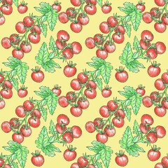 Seamless food pattern with painted tomatoes. Background for textiles, packing, fabric, invitations, cards. Bright green background. Vegetables, Italian food restaurant.