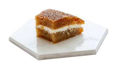Turkish bread dessert isolated on white background. Turkish Cream Bread Kadayifi
