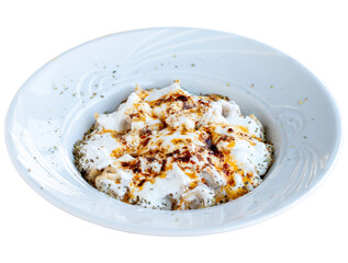 ravioli with yogurt isolated on white background.
