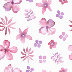 Fototapeta na wymiar Watercolor seamless pattern with flowers and twigs. For scrapbooking, wrapping paper, wallpaper