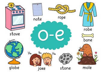 O-e digraph spelling rule educational poster for kids with words. Learning phonics for school and preschool. Phonetic worksheet. Vector illustration - obrazy, fototapety, plakaty