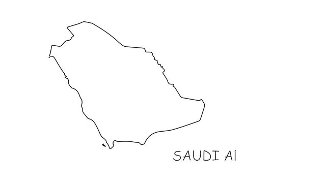 Saudi Arabia map animation line. Black line animation letters drawing on a white background.
