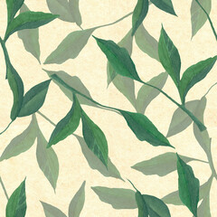 Watercolor seamless pattern. Botanical background with leaves, branches and herbs. Design elements. Perfect for textile, packing, fabric, invitations, cards.