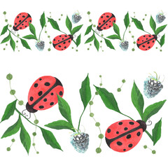 Seamless border, ribbon. Botanical background with ladybugs, fruits, leaves, branches and herbs. Design elements for duct tape, adhesive tape, dyeing, textile, wallpaper, packing.