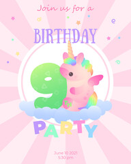 Postcard with cute plump pink unicorn with rainbow hair and green number 9 sitting on cloud with stars and stripes  around. Holiday, birthday illustration for greeting card, banner, party.