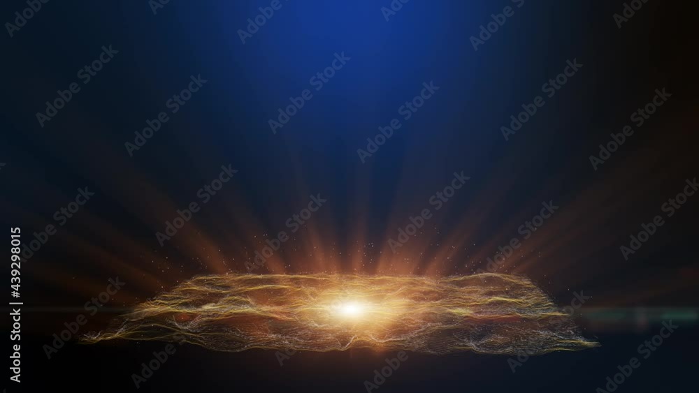 Poster golden landscape particle with light glow beam. 3d rendering.