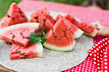 Cute girl eat ripe juicy watermelon on grass at summertime