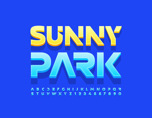 Vector trendy emblem Sunny Park. Blue techno Font. Cosmic Alphabet Letters and Numbers set