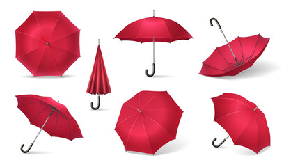 Seven Red Realistic Umbrella Icon Set - obrazy, fototapety, plakaty