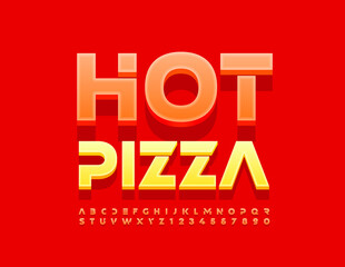 Vector tasty emblem Hot Pizza. Bright modern Font. Futuristic Alphabet Letters and Numbers set
