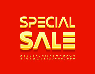 Vector bright promo Special Sale. Yellow set of Alphabet Letters and Numbers. Futuristic modern Font