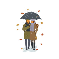 couple walking together under the rain and falling autumn leaves in the park isolated vector illustration cartoon scene